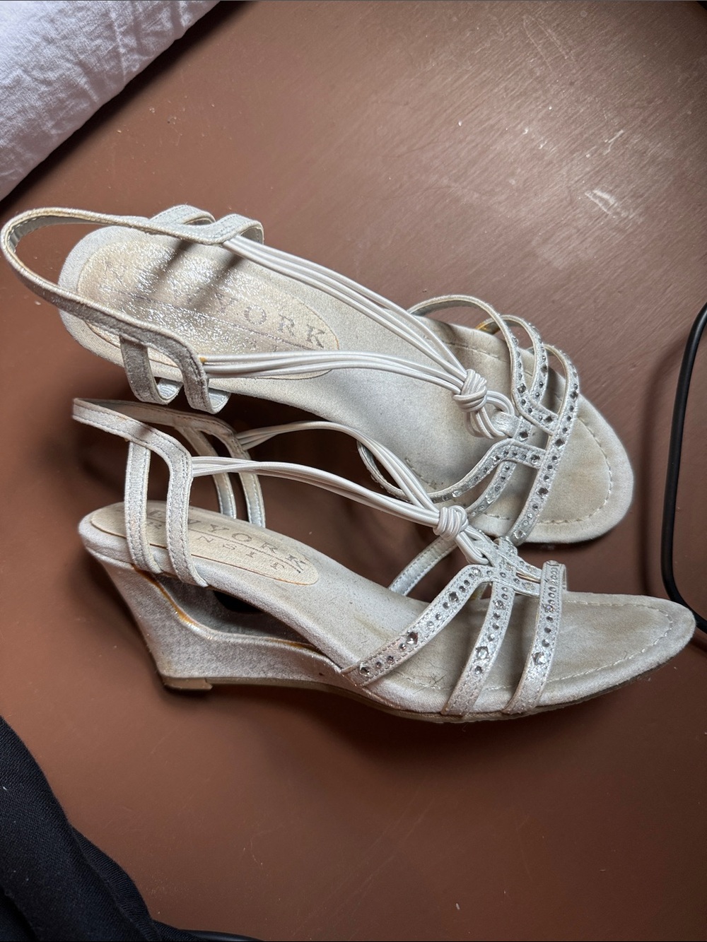New York Transit Silver Ivory Wedge Sandals with Knotted Straps